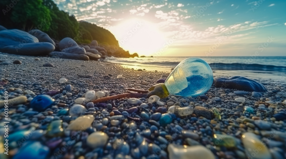 Plastic pollution in ocean. Problem plastic bottles and microplastics on beach. Marine plastic pollution concept. Generative AI