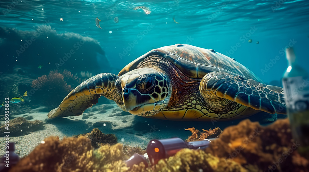 Fototapeta premium Plastic pollution in ocean. Problem plastic bottles and microplastics floating in the open ocean. Marine plastic pollution concept. Generative AI