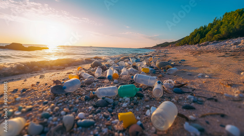 Plastic pollution in ocean. Problem plastic bottles and microplastics on beach. Marine plastic pollution concept. Generative AI