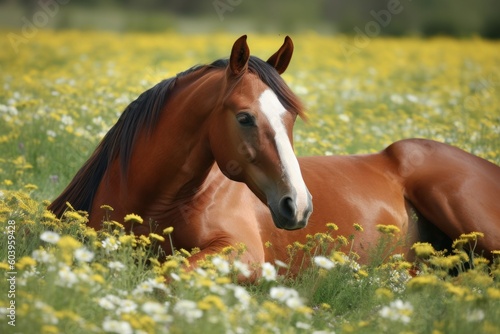 Young horse lying in grass and flowers Generative AI