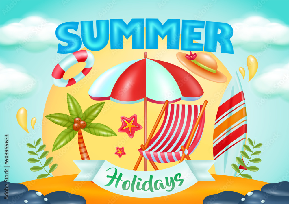 Naklejka premium Summer holidays. Summer beach vector design by the sea with beach chairs and umbrellas. Summer background 3d vector illustration suitable for beach holidays