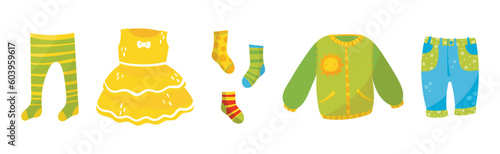 Baby Clothes with Dress, Sweater, Socks, Pants and Tights Vector Set
