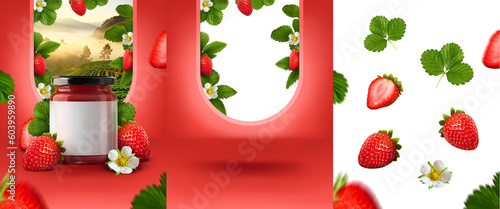 Jar jam display sweet product red background strawberry png fruits window mockup  photo