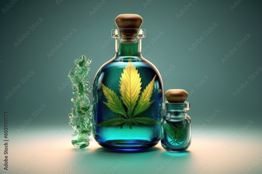 Medicinal oil in bottle glass with hemp leaves on a color background. Generative AI Medicinal oil in bottle glass with hemp leaves on a color background. Generative AI
