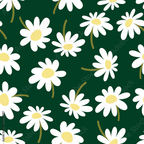 Chamomile flowers seamless pattern. Hand drawn isolated white flowers with stems on dark green background. Big cute flowers allover print