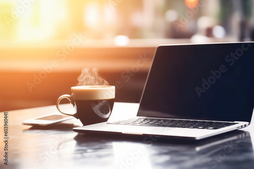 Laptop and Coffee Cup on Blurred Cafes Table Background. Freelance working concept. Generative AI. 
