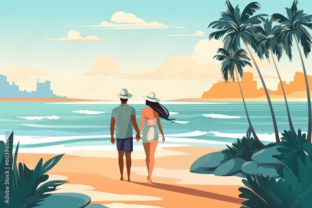 Couple on a beach. Vacation, wellness. Beautiful illustration picture. Generative AI