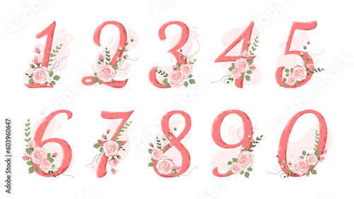 Collection numbers from 0 to 9 decorated with roses, branches, leaves. For the first year of a baby's life, wedding invitations and birthday cards. Baby milestone photo