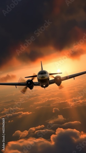 Airplane is up in clouds against sunset. Beautiful illustration picture. Generative AI