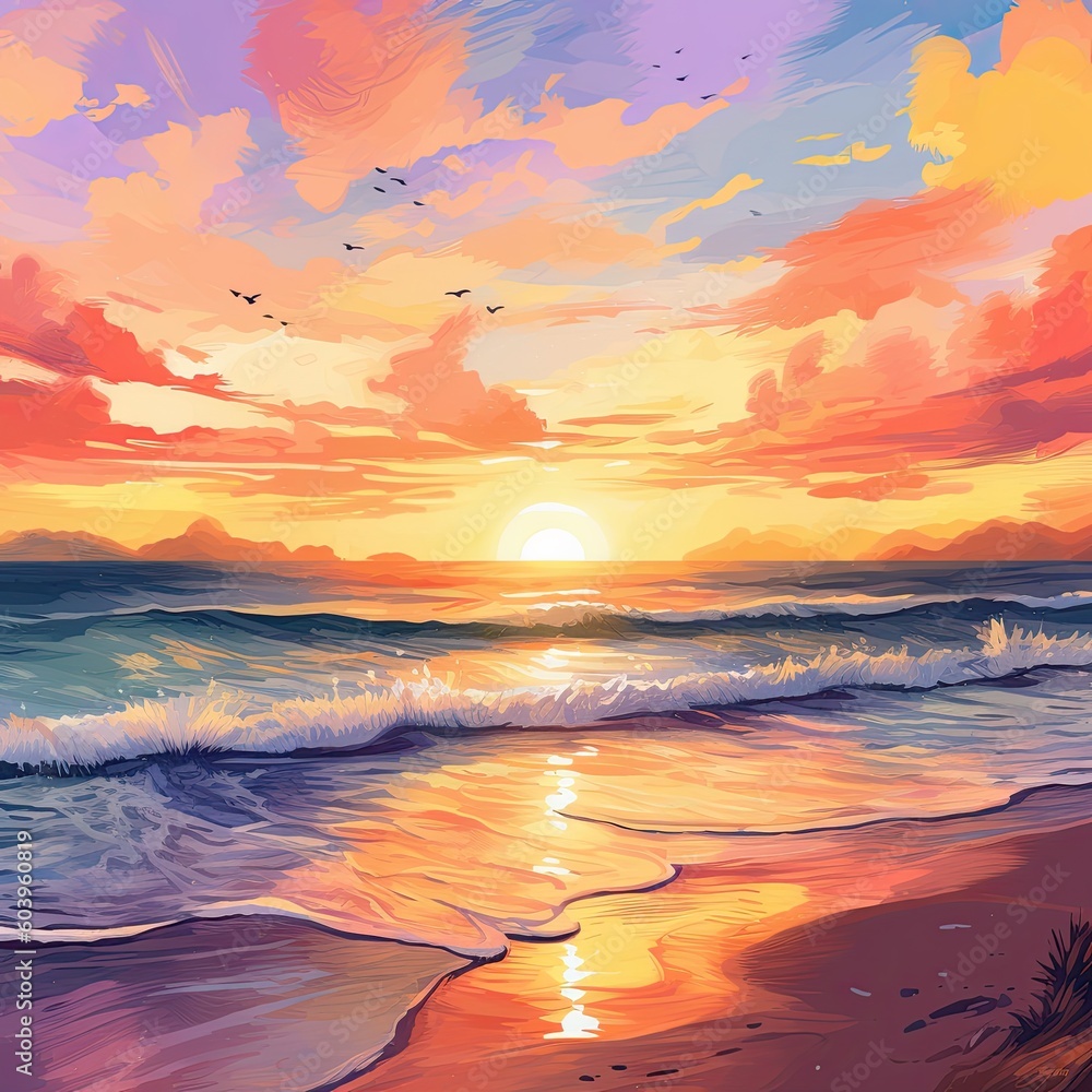 beach with birds, colored in watercolor style, sunset, generated with generative ai