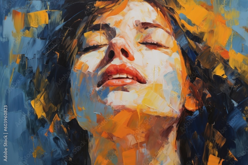 Yellow paint. Oil portrait of woman. Beautiful illustration picture. Generative AI