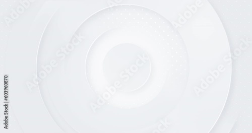 4k light grey white gradient seamless looped animated background. 3d circle rings minimal animation with halftone dots pattern. Blank elegant universal frame. Digital soft geometric lines