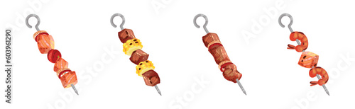 Meat and Vegetables Slabs Skewered on Metal Spits Vector Set