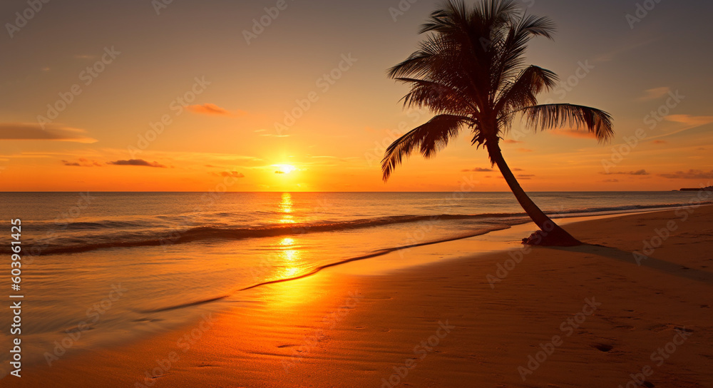 Silhouette of palm trees Beautiful sunset on the tropical sea beach background for travel in holiday relax time ,