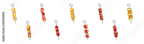 Meat and Vegetables Slabs Skewered on Metal Spits Vector Set