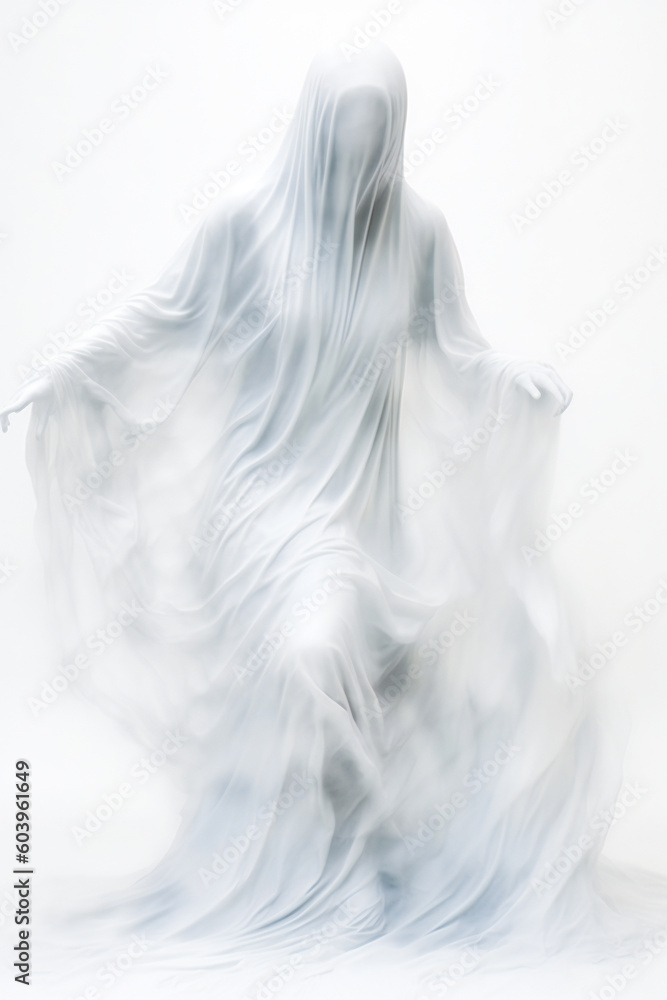 Illustration of an ethereal white ghostly shape surrounded by white steam. Created with Generative AI technology. Illustration of an ethereal white ghostly shape surrounded by white steam. Created with Generative AI technology.
