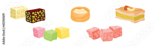 Turkish Delight or Arabic Sweet and Sugary Dessert Vector Set