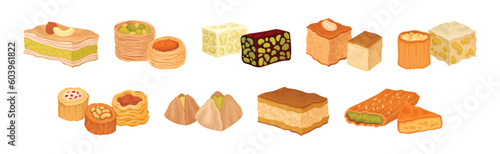 Turkish Delight or Arabic Sweet and Sugary Dessert Vector Set