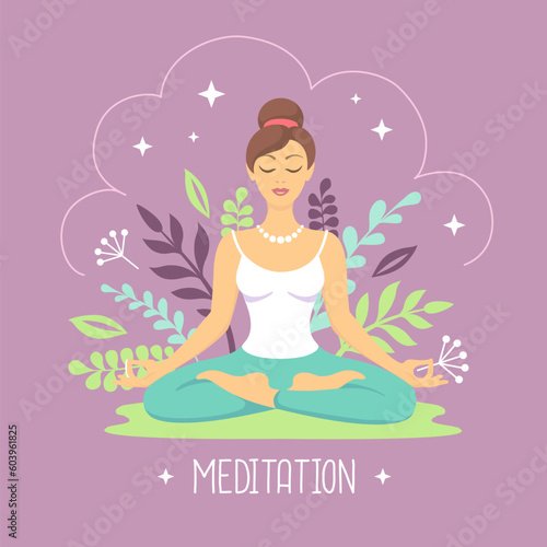 Woman meditation in lotus position with floral elements. Vector illustration