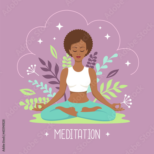 Woman meditation in lotus position with floral elements. Vector illustration