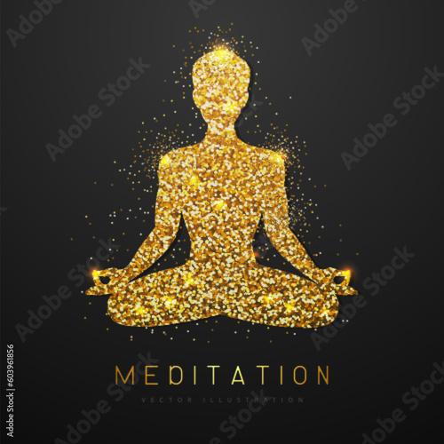 Golden sparkle meditating man silhouette on black background. Vector illustration