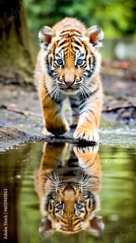 Cute baby tiger running through the water in wilderness. Created with Generative AI technology.