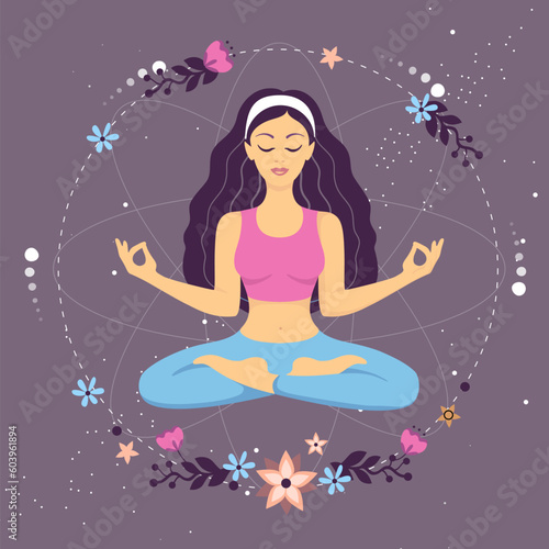 Woman meditation in lotus position with floral elements in outer space. Vector illustration