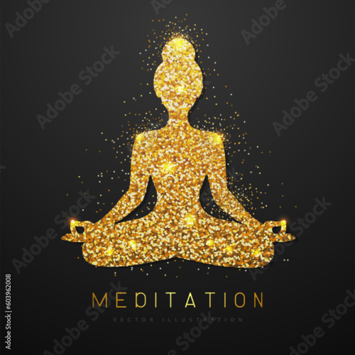 Golden sparkle meditating woman silhouette on black background. Vector illustration