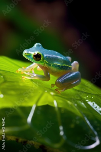 Frog is resting on the leaf. Beautiful illustration picture. Generative AI © standret