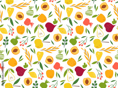 Fototapeta Naklejka Na Ścianę i Meble -  Harvest Seamless pattern. Fruits, cones and berries. Fresh Natural organic food in hand-drawn style. Repeated vector For wallpaper, wrapping paper, textile, scrapbooking.s. Ingredients for cooking