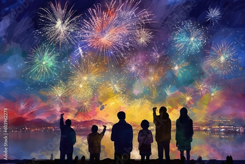 color painting of people watching the firework display on New Years night. Sense of togetherness in colourful firework show. Happy friends and family meeting the new year, generative AI