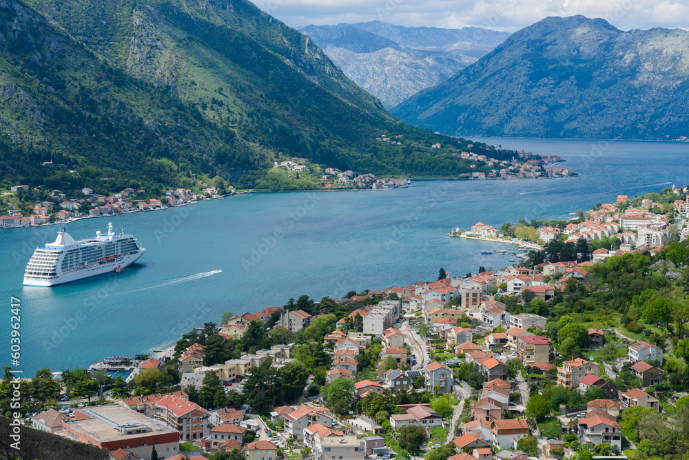 Beautiful view of a large ship in the Bay of Kotor