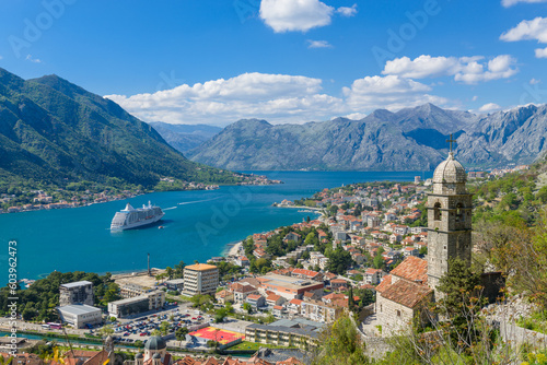 Beautiful view of a large ship in the Bay of Kotor