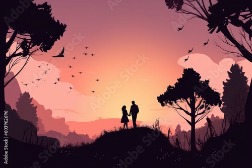 Lovers Silhouttes at the Romantic Emotional Nature Forest Background. Couple in Love at the Park with High Sky and flying Romance Hearts Flat Illustration  generative AI