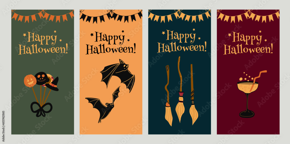 Happy Halloween. Vertical banners and wallpaper for social media stories.A set of four banners. Cute spooky design with fun elements. Vector illustration