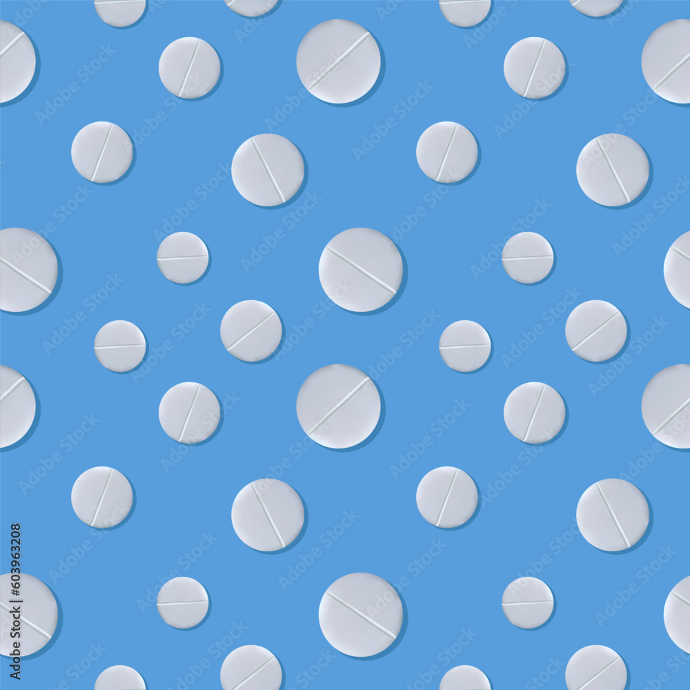 White pills on a blue background. Seamless pattern. The concept of treatment and recovery. A health design element for apps, websites and social networks. Vector illustration