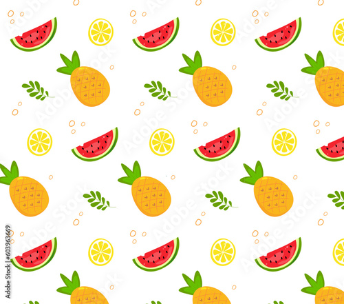 Fototapeta Naklejka Na Ścianę i Meble -  Cute colorful summer fruit seamless pattern with pineapples, watermelon, lemon. Summertime concept. Vector illustration.