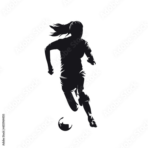 Female soccer player, woman playing football, front view, isolated vector silhouette, ink drawing