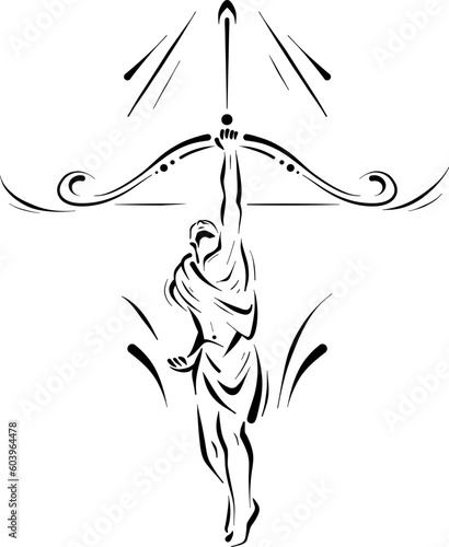 Abstract uncolored zodiac sign sagittarius vector illustration out line art. archer with bow hand drawing symbol isolated on white background for tattoo or logo