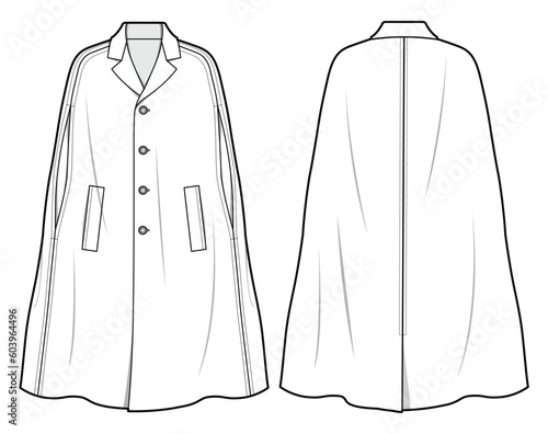 Women Formal Cape Coat  Front and Back View. Fashion Illustration, Vector, CAD, Technical Drawing, Flat Drawing, Template, Mockup.