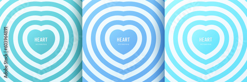 Set of heart shaped tunnel background in pastel pink, soft red and orange color. Stripe romantic pattern. Trendy vector illustration in style retro 60s, 70s design. Valentines element collection.