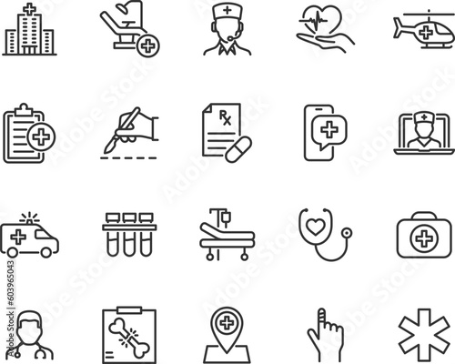 Vector set of medical care line icons. Contains icons doctor, hospital, ambulance, surgery, dental care, traumatology, prescription and more. Pixel perfect.