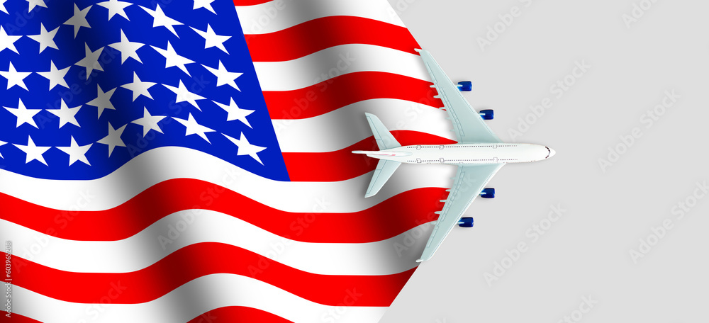 Toy plane with american flag on grey background. Top view.