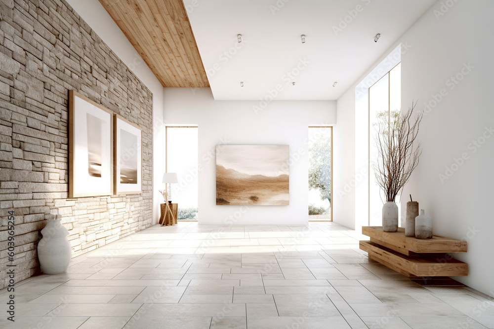 Coastal interior design of modern entrance hall with stone tiles wall ...