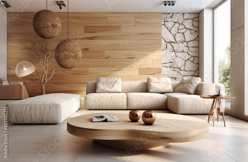 Beige corner sofa against of wooden paneling wall. Minimalist interior design of modern living room. Created with generative AI