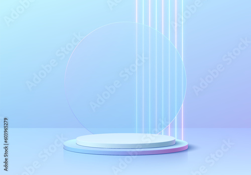 3D blue and white cylinder realistic pedestal podium background with neon lighting lines. Wall minimal scene mockup products stage showcase, Cosmetic banner promotion display. Abstract empty platform.