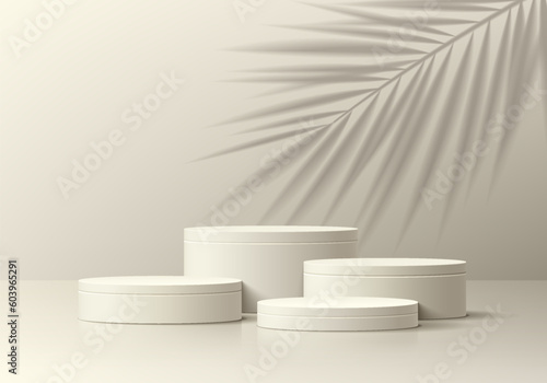 Realistic 3D beige cylinder pedestal podium background with palm leaf shadow overlay. Wall minimal scene mockup products stage showcase, Cosmetic banner promotion display. 3D abstract empty platforms.