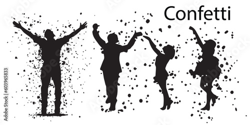 A black and white poster with confetti silhouette vector illustration.