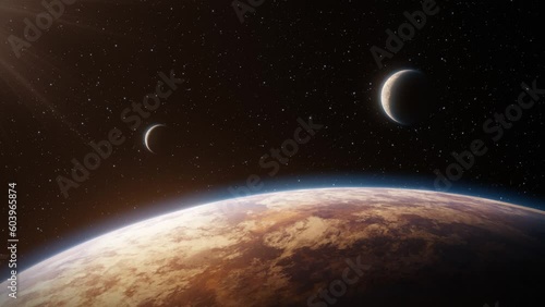 View of the surface of a red planet in space with two orbiting moons or small planets seen in the background. Fantasy and science fiction atmosphere. 3D Rendering
