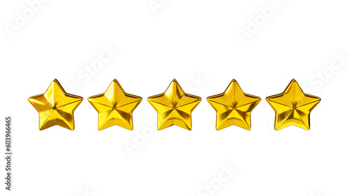 5 gold stars rating set isolated on white background. 3d illustration.